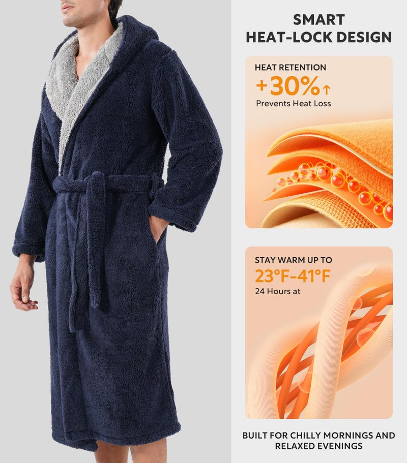 DAVID ARCHY Men's Soft Plush Fleece Robe Full Length Hooded Long Bathrobe for Men with Hood (L, Navy Blue- Shu Velveteen) - Image 3